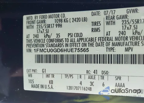 2017 Ford Escape Se from USA, damaged, VIN 1FMCU0GD6HUE75565